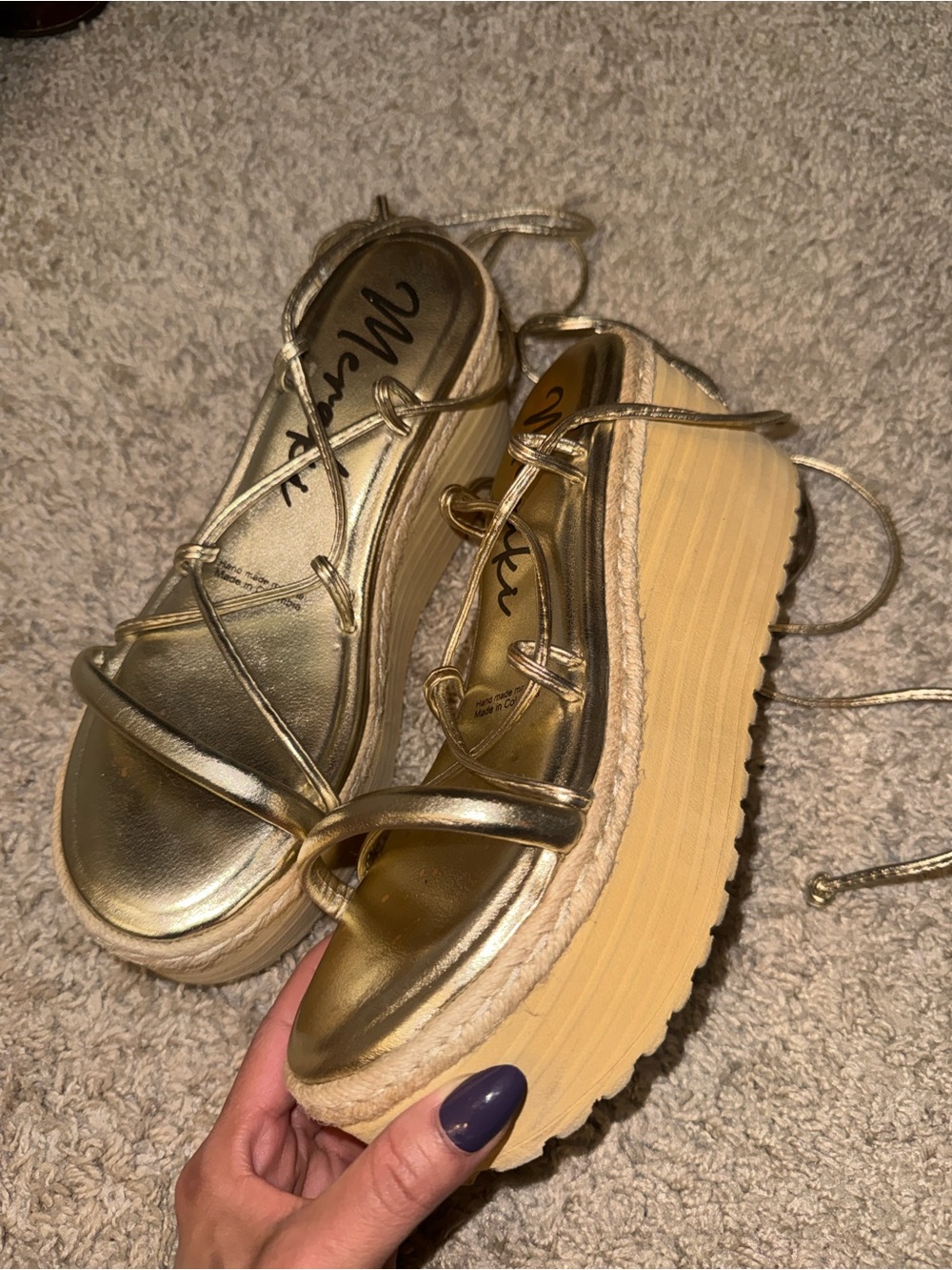 Metallic Gold Platform Lace-Up Sandals
Hand made Colombia.